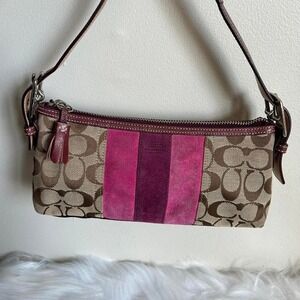 Coach Signature Monogram Pink Purple Suede Stripe Baguette Bag E04Q-7039